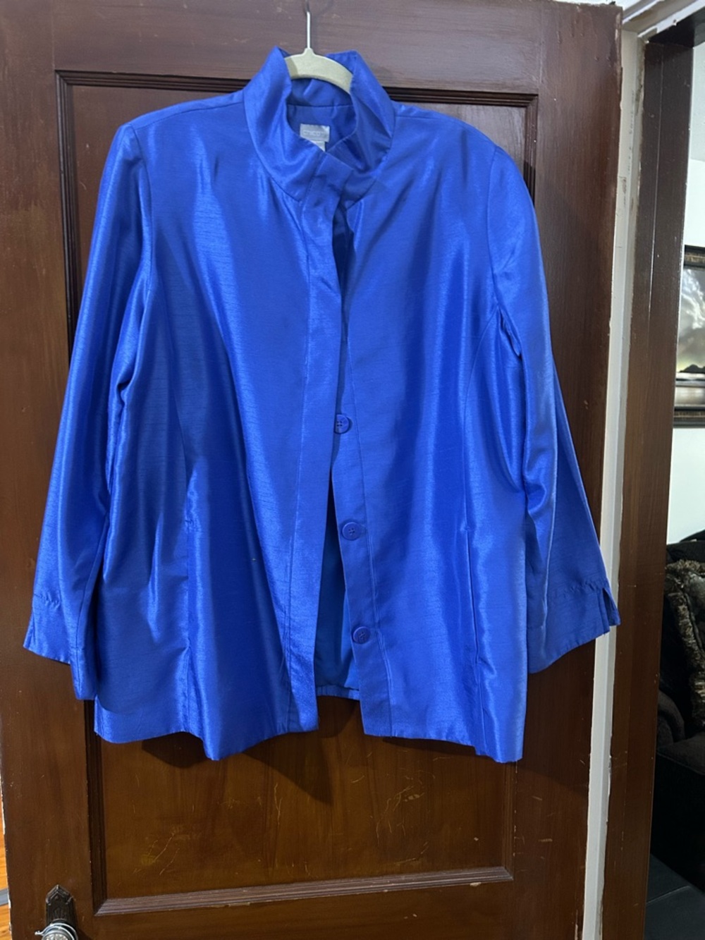 Chico's Shiny Royal Blue Button-Front Jacket
